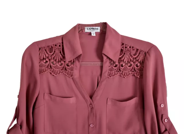 Express Portofino Shirt Slim Fit Convertible Sleeves Pink Lace Shoulder XS