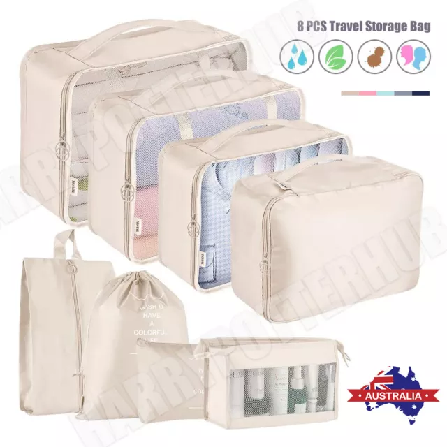 8PCS Packing Cubes Travel Pouches Luggage Organiser Clothes Suitcase Storage Bag