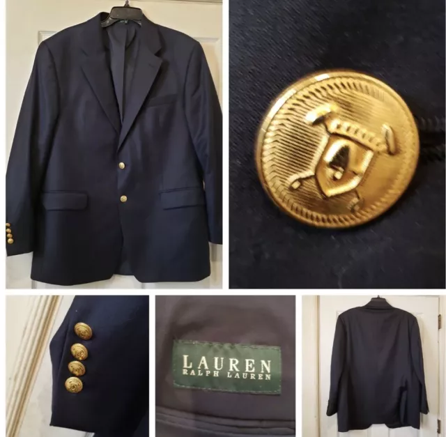 Ralph Lauren Navy Blue Gold Button Suit Blazer Sport Coat Jacket 42R 100% Wool