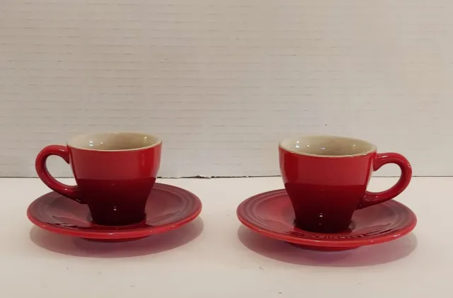 Set of 2 Le Creuset Cafe Collection Espresso Cups 2 oz. w/Saucers Cerise/Red EUC