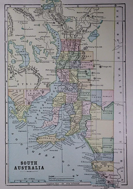 Old Original 1898 World Atlas Map ~ WEST & SOUTH AUSTRALIA ~ (11x14)  -#1357