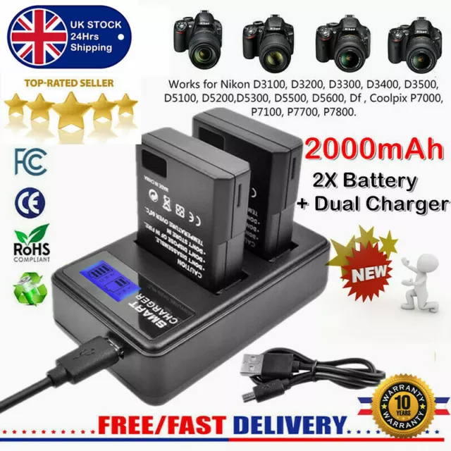 2X 2000mAh EN-EL14 EN-EL14A Battery+Charger for Nikon D3100 D3200 D3300 D3400 D5