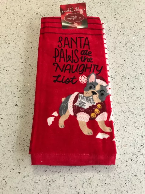 NWT St Nicholas Square 2-PACK Christmas Towels Bulldog Santa Paws  $13.99