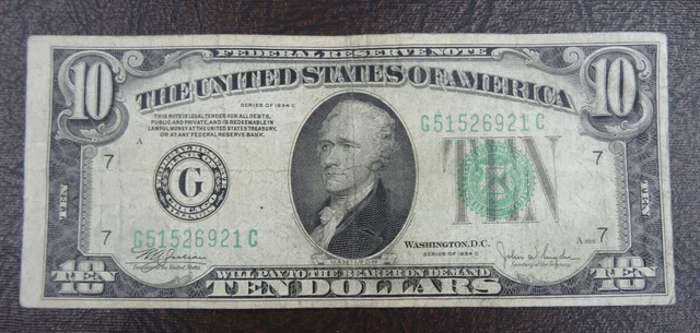 1934 C $10 Ten Dollar Bill Green Seal Circulated United State Note Currency