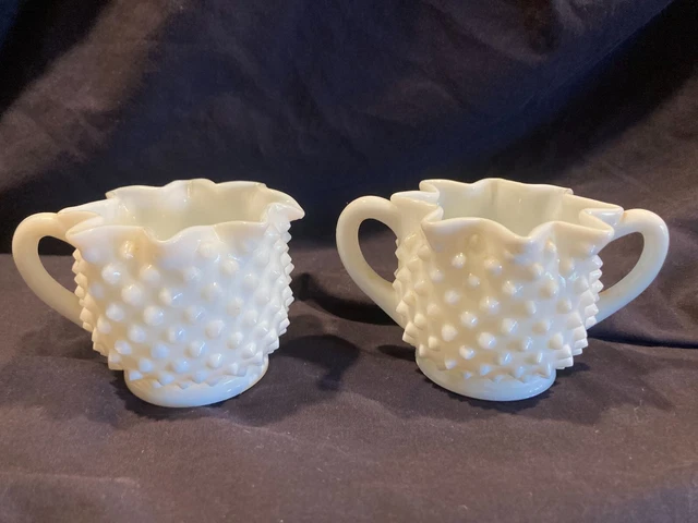 Vintage Fenton Milk Glass Cream Sugar Set Hobnail Crimped Edges Unique 1958