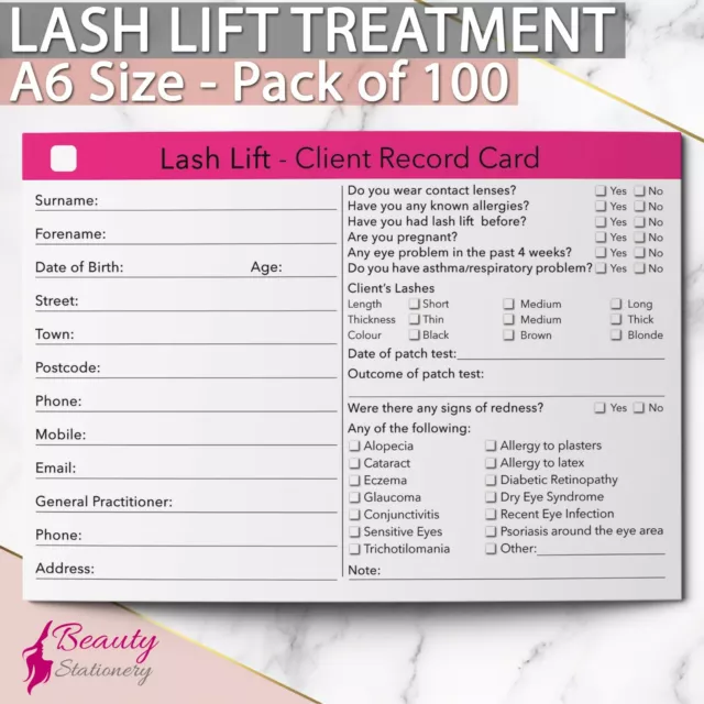 Lash Lift Client Record Card Consultation Treatment Eyelash Beauty Salon A6 x100