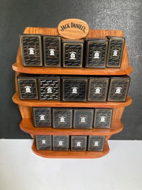 2002 Jack Daniels Legends of Lynchburg Shot Glass Set of 18 w/boxes/wooden shelf
