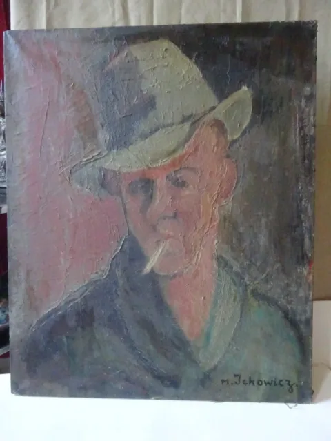 Tableau ancien Huile sur toile Portrait homme au chapeau signée M.Jekowicz