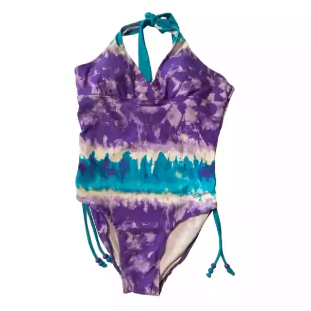 NWT Justice Swim Purple and Blue Halter One Piece Swimsuit Bead Accents Size 18