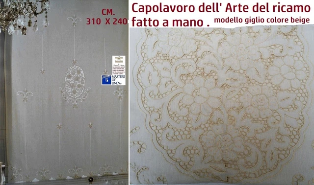 2 Tende puro lino ricamo a mano filè intaglio gigliuzzo ecc cm. 240 x