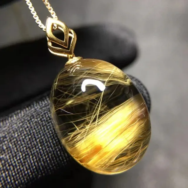 Gold Rutilated Quartz Pendant 18k Gold, Natural Gold Rutilated Quartz Pendant