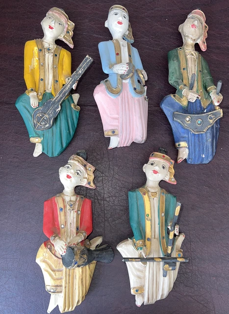 Vintage Hand Carved Wall Hangings 5 musicians Band made in Thailand