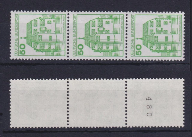 Bund 1038 RM 3er Streifen Burgen+Schlösser 50 Pf postfrisch neue Fluoreszenz