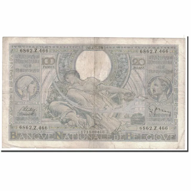 [#122137] Banknote, Belgium, 100 Francs-20 Belgas, 1939, 1939-07-26, KM:107, VF(