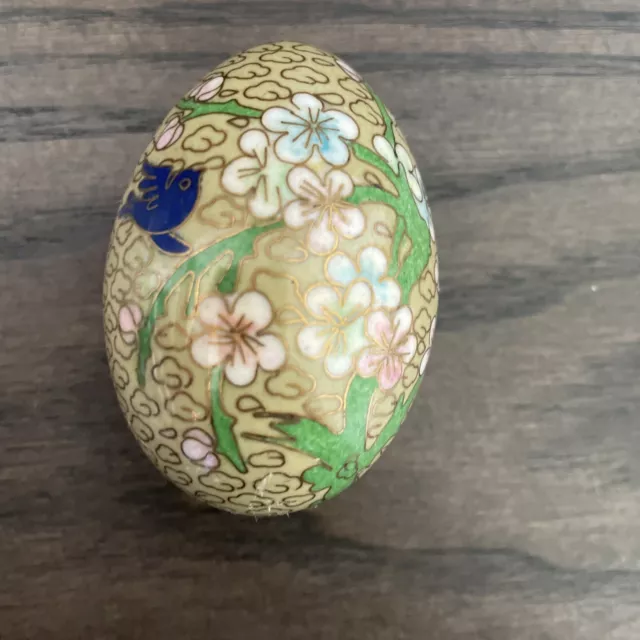 Vintage Chinese Cloisonne Egg Enamel Flower Tan Pink Blue Bird 2.5" Tall