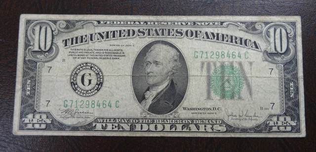 1934-C $10 Ten Dollar Note Green Seal Circulated United State Note