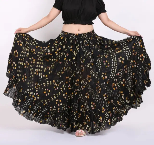 BLACK Skirt 25 Yard 4 Tier JAIPUR Gypsy Belly Dance Cotton Polka Dot Bomba Skirt