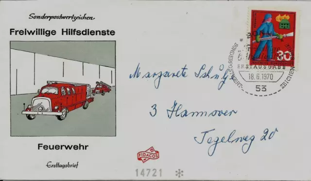 BRD FDC MiNr 632 (7) "Freiwillige Hilfsdienste" Feuerwehr-Rettung-Bergen-Schutz