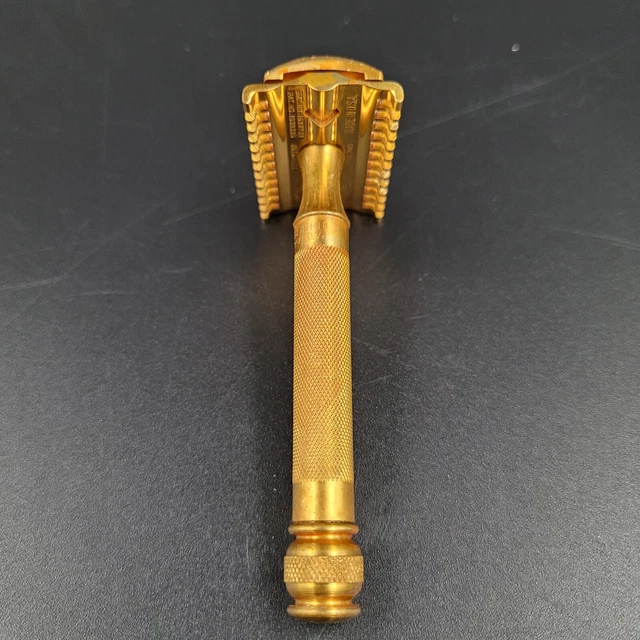 Vintage 1930's Gillette Goodwill Gold Tone DE Ball End Open Comb Razor 3