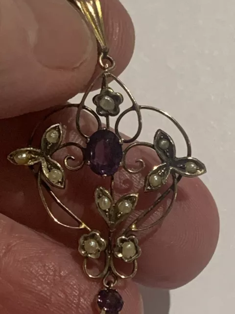 Delightful Art Nouveau 9ct Gold Amethyst & Seed Pearl Set Pendant Circa 1895