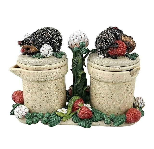 Hedgehog Bramble & Clover Cream Sugar Bowls VTG 1998 Innovation Resin Tray HTF