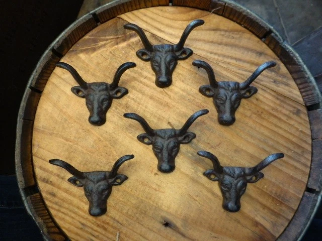 6 Brown Steer Longhorn Hat Coat Key Wall Hooks Rustic Western Cast Iron Metal