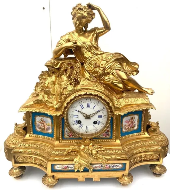 Figural Ormolu French Antique Mantel Clock – 8-Day Striking Blue Sevres 1860