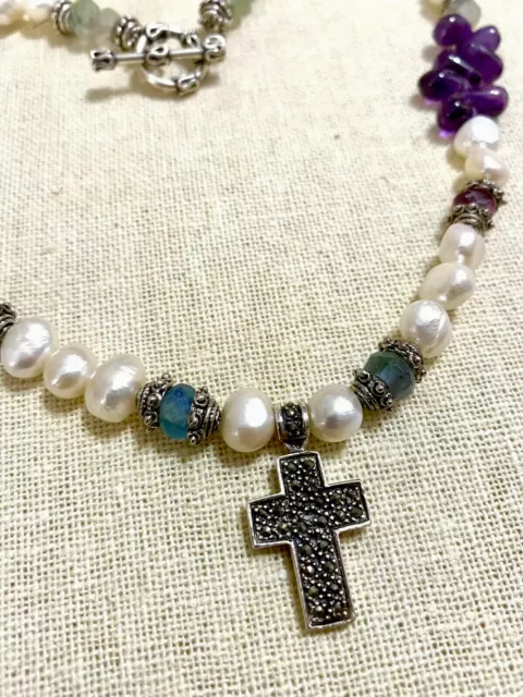 VTG Estate Amethyst Aquamarine Pearl Sterling Silver Marcasite Cross Necklace