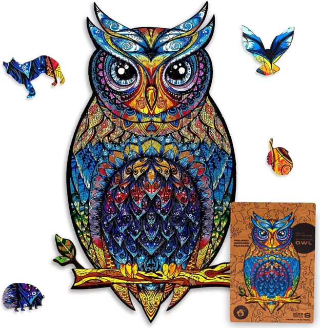 UNIDRAGON Wooden Jigsaw Puzzles - Charming Owl, 101 Pcs, Small 5.9"X10.2", Beaut
