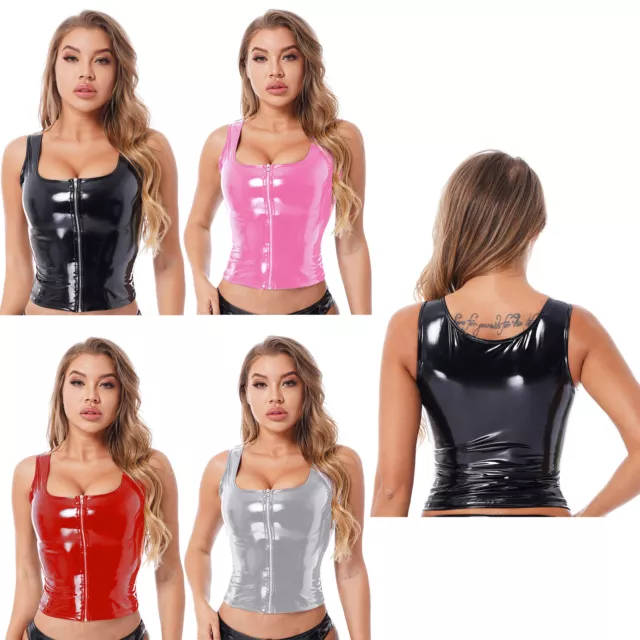 Womens Faux Leather Crop Top PVC Corset Top Sexy Push Up Bustier Tank Top Shirt