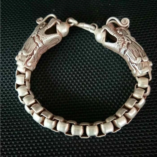 Old Chinese Tibet Silver hand-Carve dragon head Bracelet B1