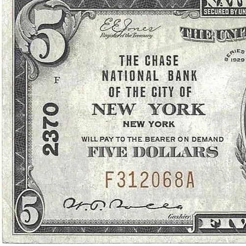Error Bank Notes YORK NATIONAL CHASE Bank New 1929 error note notes dollar 20 dollar ...