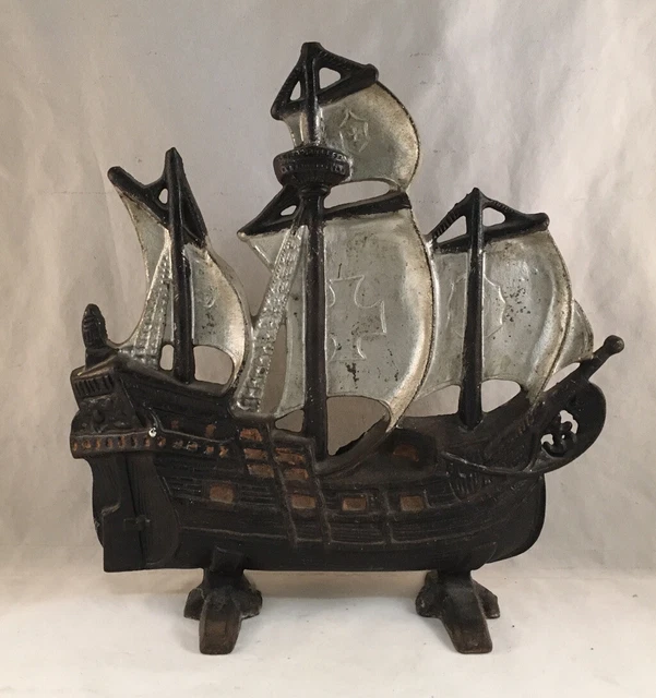 ANTIQUE CAST IRON Figural Doorstop Spanish Galleon Sailing Ship