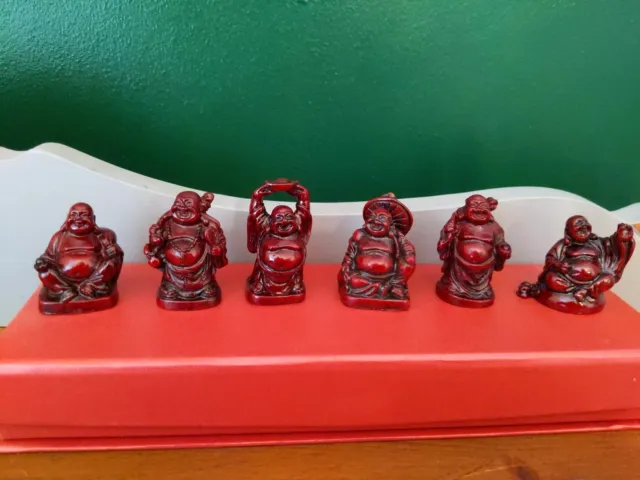 Set of 6 Red Resin Mini Laughing Wealth Buddhas in Gift Box