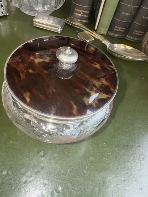 Big Faux Tortoiseshell/Hallmarked Silver/Etched Glass Dressing Table Jar 1923 2