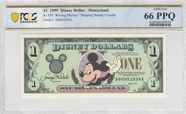 1999 $1 Disney Dollar Waving Mickey PCGS GEM UNC 66 PPQ  AA Block DISNEYLAND