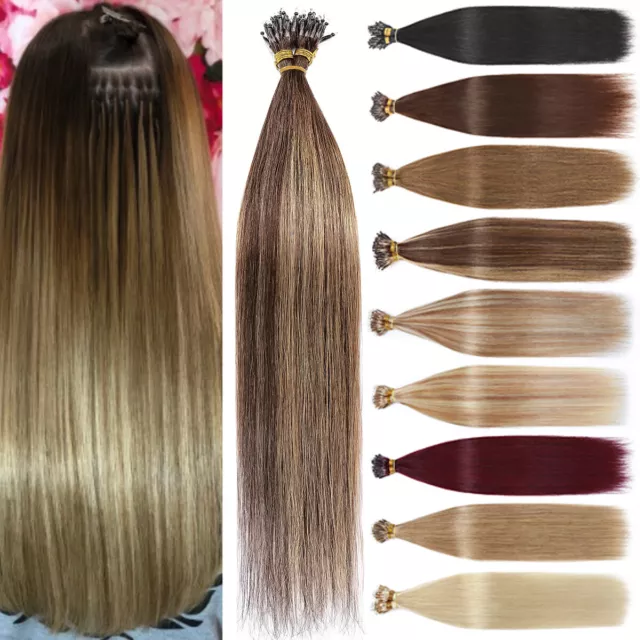 AU Double Drawn Russian Remy Human Hair Extensions Nano Ring Loop Bead Full Head