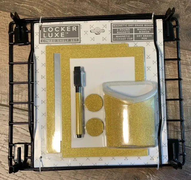 NEW Locker Luxe Combo Shelf Set Magnetic Mirror Storage Cup Dry Erase Pen Gold