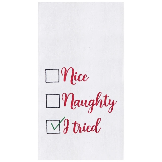 Nice Naughty I Tried Christmas Holiday Embroidered Kitchen Flour Sack Dish Towel