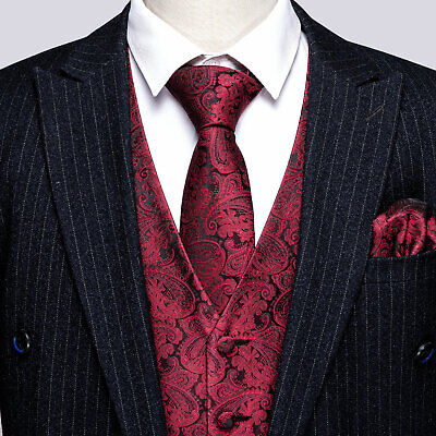 Men's Burgundy Red Paisley Wedding Waistcoat Silk Woven Vest + FREE Tie Set