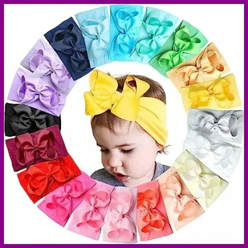 20 Colors Baby Girl Headbands with 4.5 Inches Hair Bows Nylon Turban Head Wraps