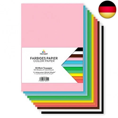 Tritart - Buntpapier A4 210g /m² I 55 Blatt festes Bastelpapier voll