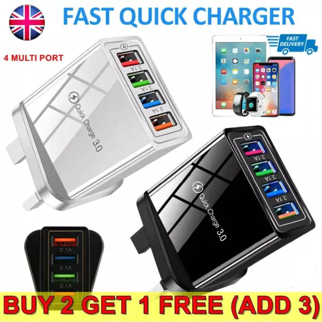 4 Multi-Port Fast Quick Charge USB Hub Mains UK Plug Adapter Wall Charger Phones