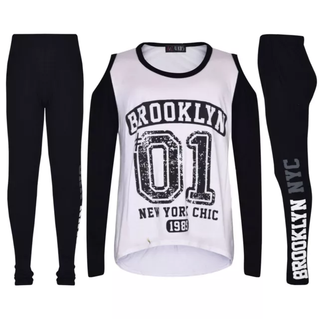 Bambine Top Brooklyn 01 Stampa Bianco T Shirt Legging Completo Abbigliamento Set