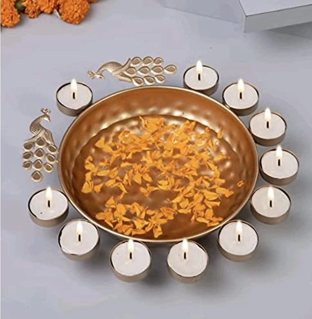 Urli Bowl for Floating Flowers and T EA Light Candles Peacock Design 30cm