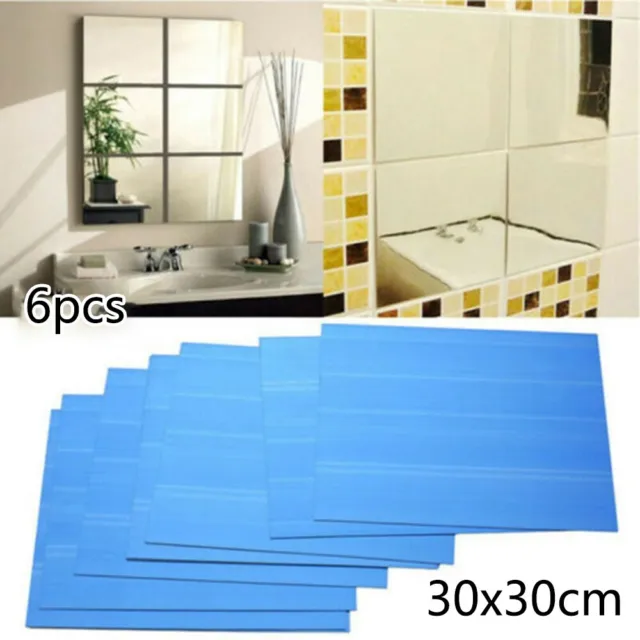 Pack Of 6 30cm Square Mirror Tile Wall Decals Mosaic Home Decor Stickers New