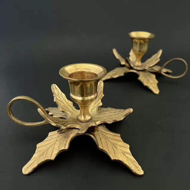 Vintage 2 SOLID BRASS CANDLE STICK HOLDERS Holly Leaf Christmas Poinsettia