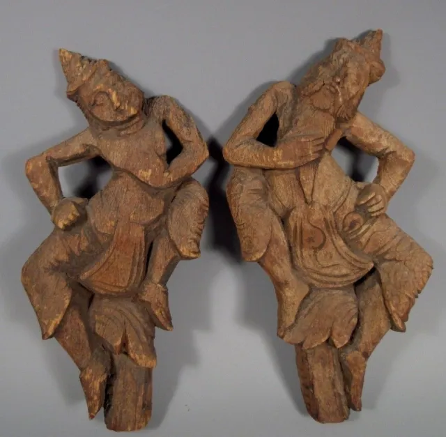 Pair Burma Burmese Mandalay Carved Wood Dancing Figures ca. 18-19th Century