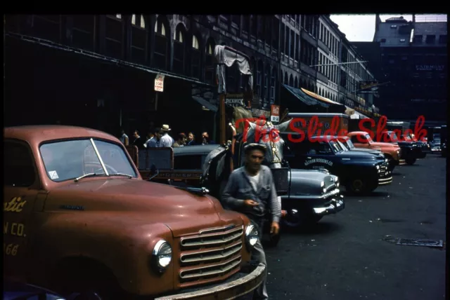 Boston MA Quincy Market street scene old delivery trucks 1950's Kodachrome slide