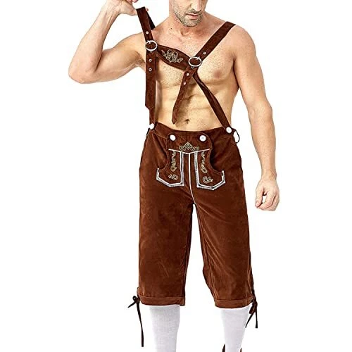 Men's Oktoberfest Lederhosen Shorts with Suspenders German Small Brown